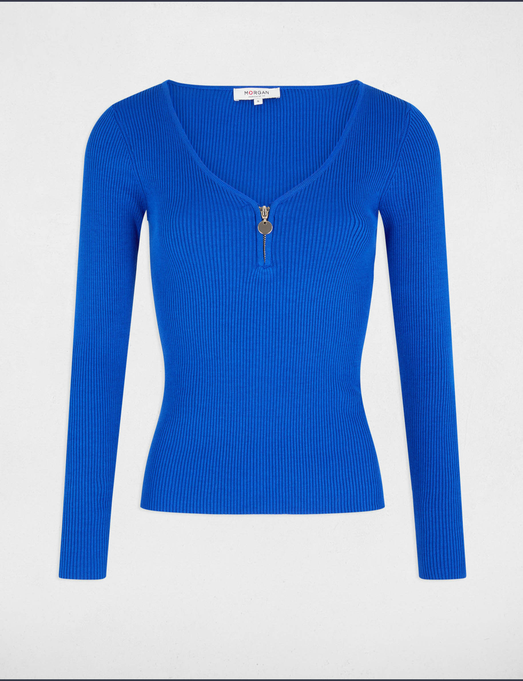 Pull manches longues côtelé détail zippé bleu femme