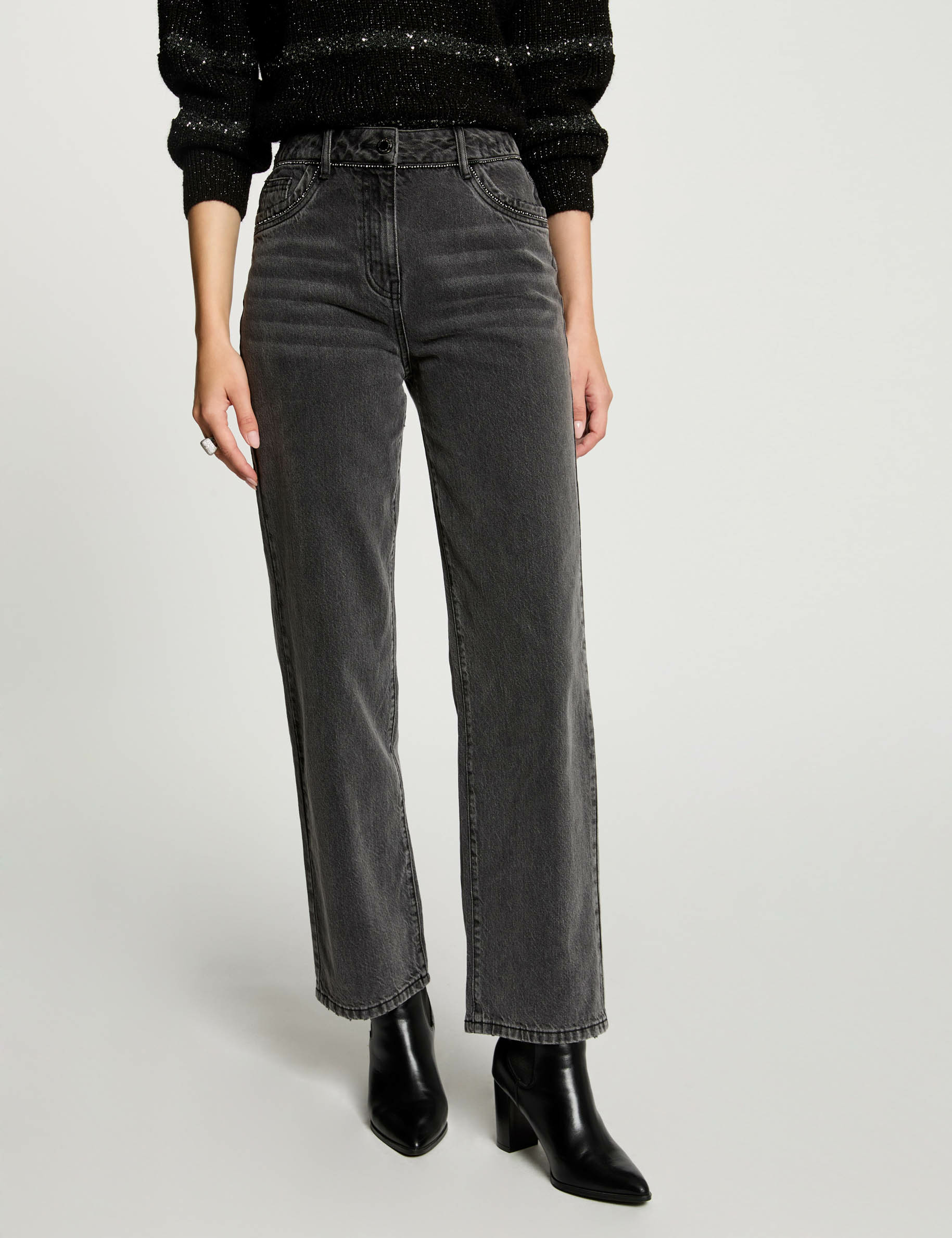 Mom Jeans mit Strass-Details gris clair damen