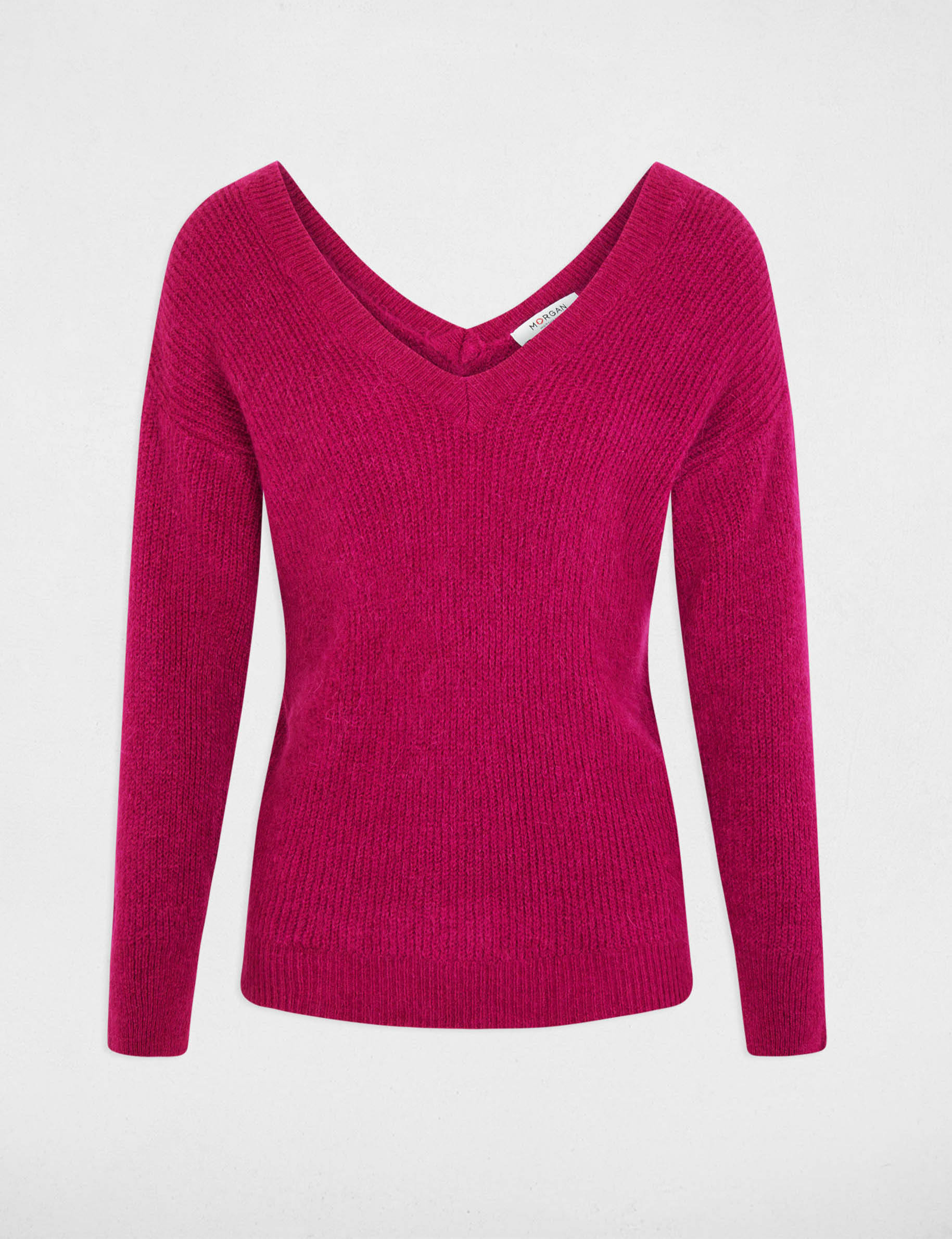 Pull col en V rose fonce femme