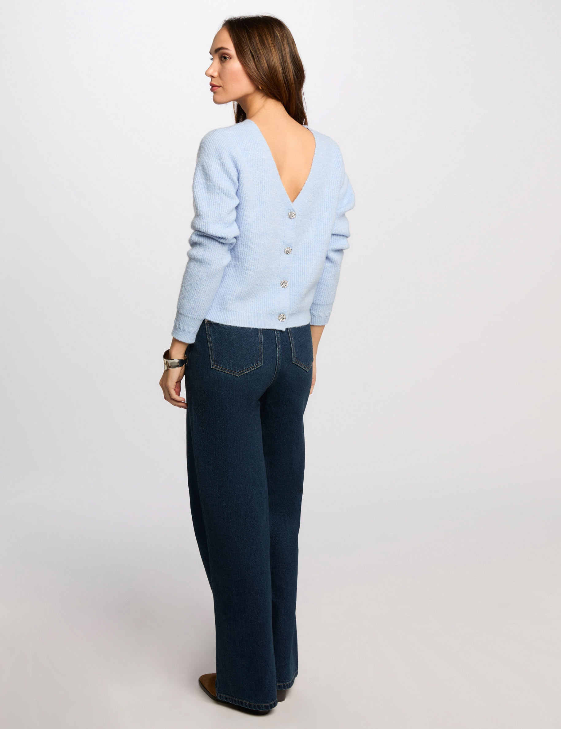 Gilet manches longues côtelé bleu ciel femme