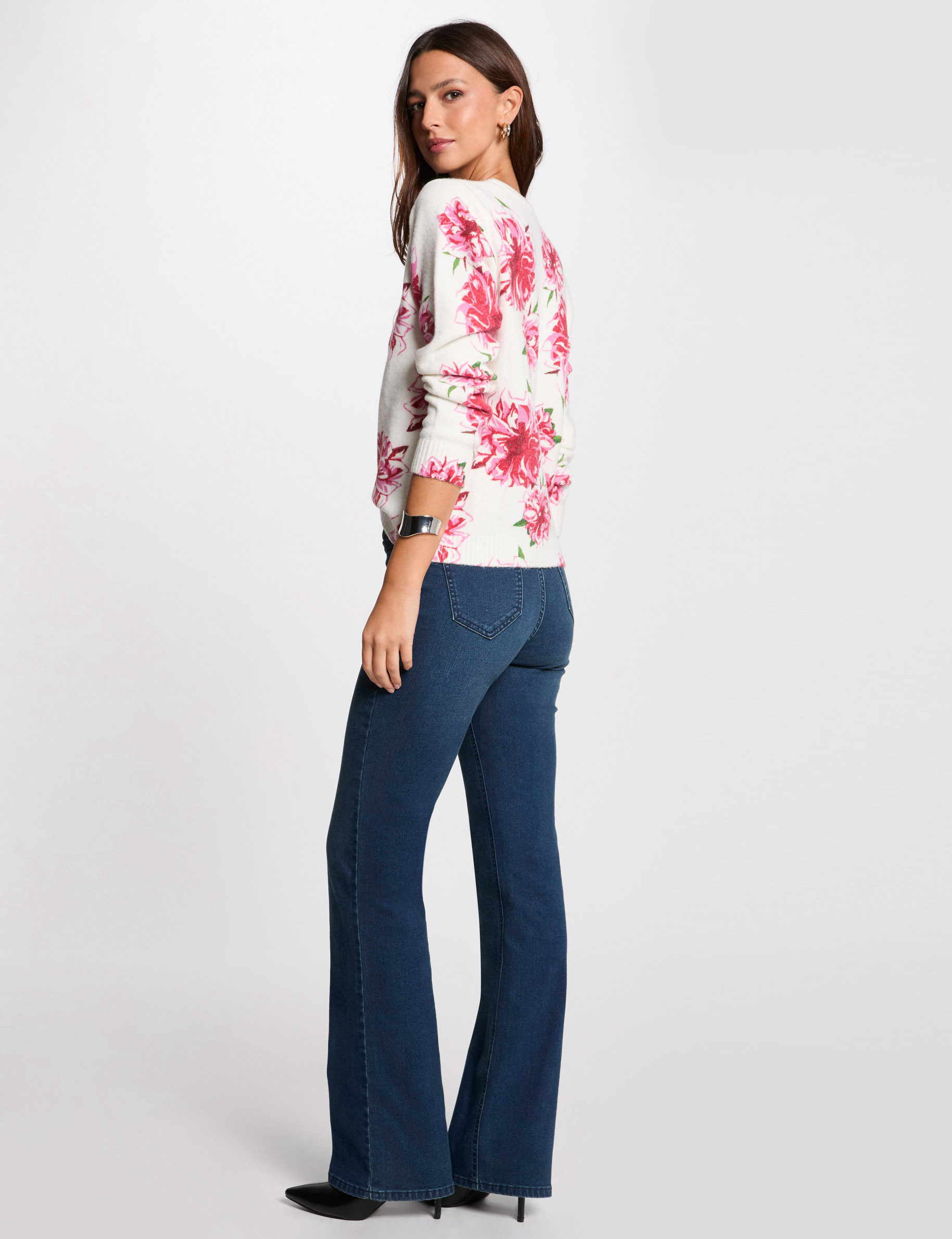 Pull col rond imprimé floral ivoire femme