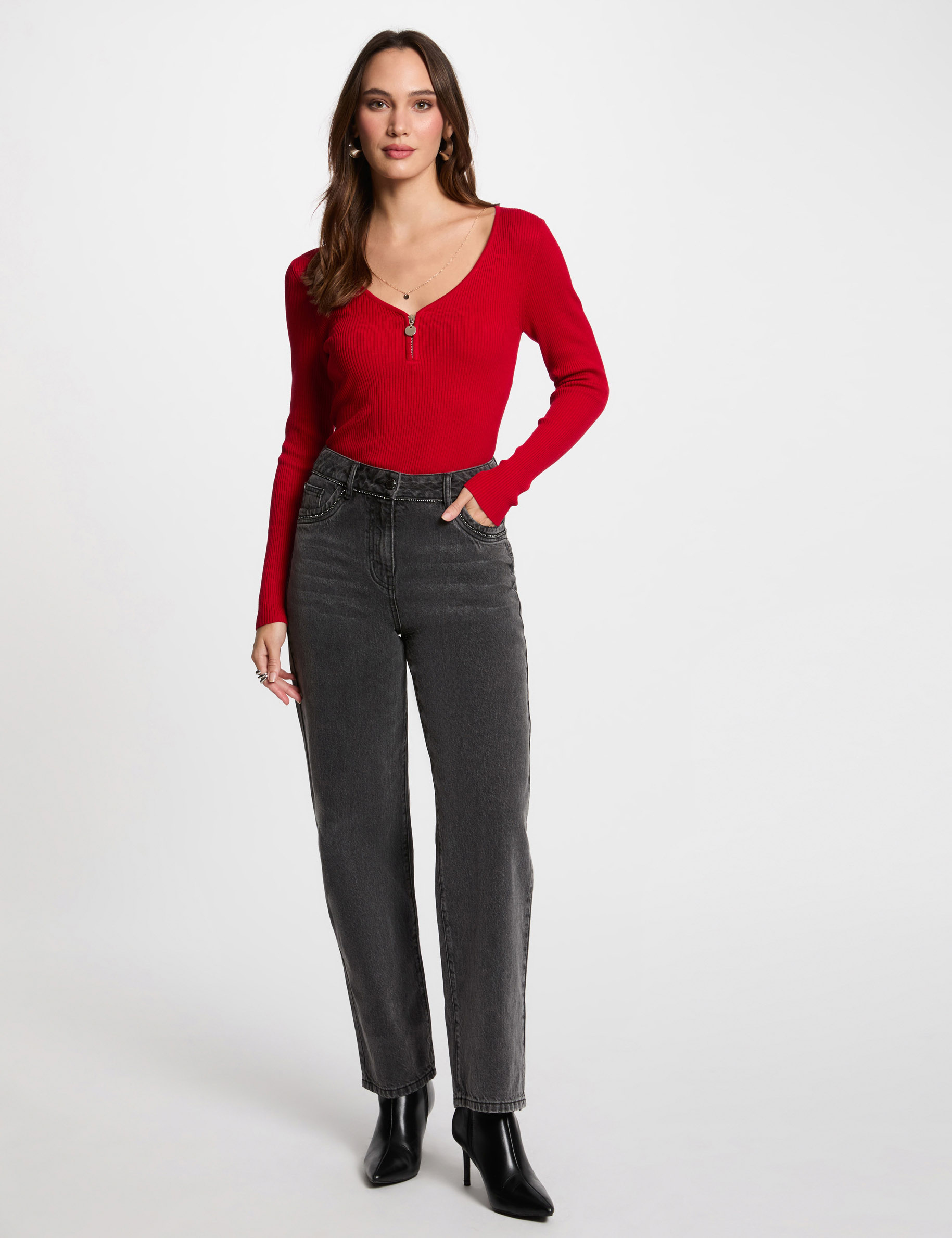 Pull manches longues côtelé détail zippé rouge femme