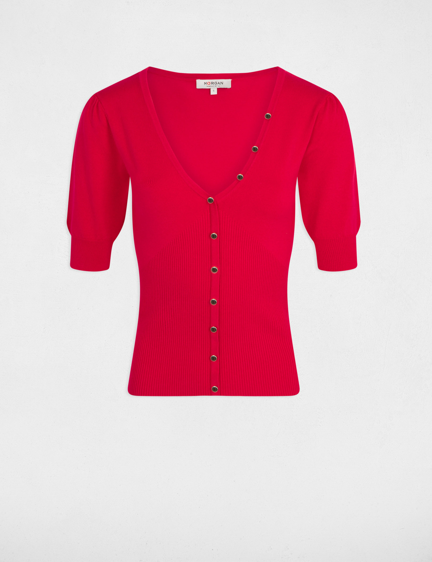 Pull col en V manches courtes framboise femme