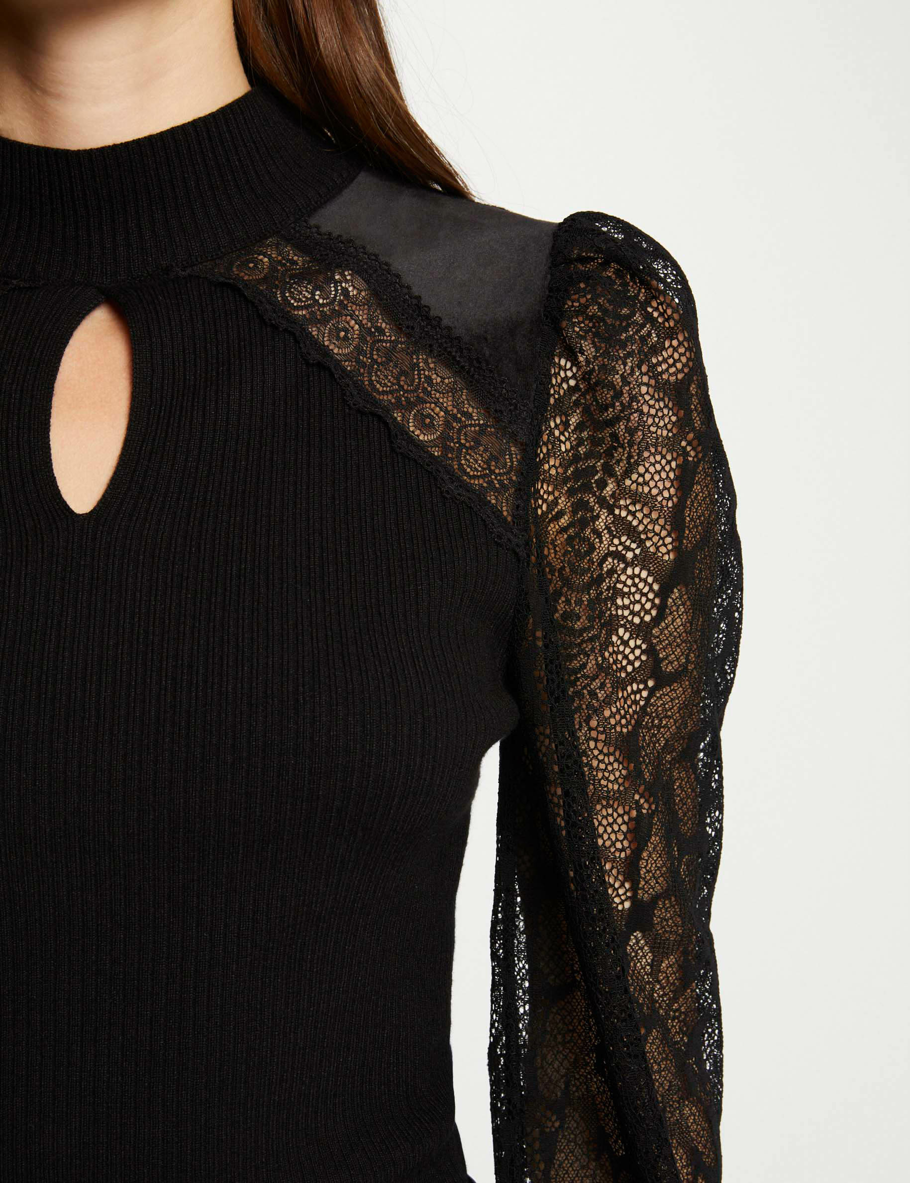 Pull manches longues avec dentelle noir femme