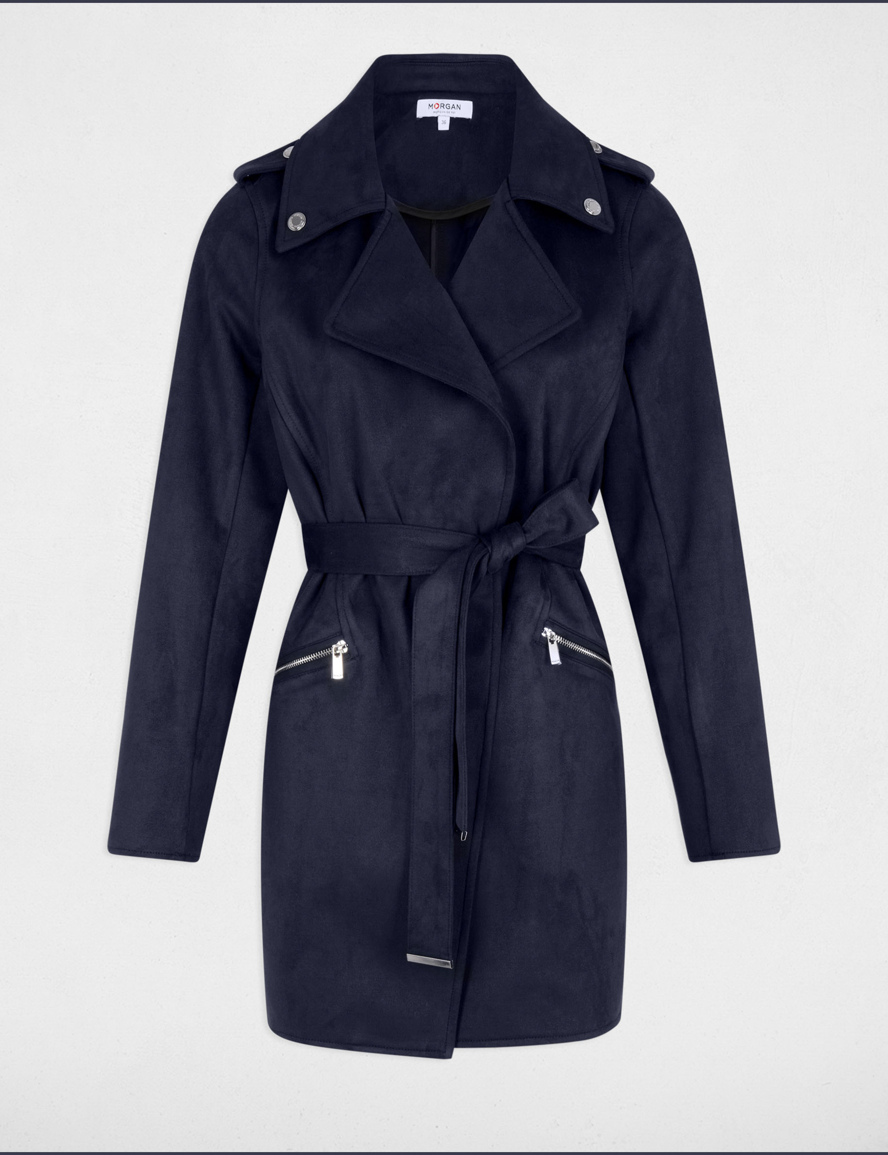 Manteau long ceinturé suédine bleu marine femme