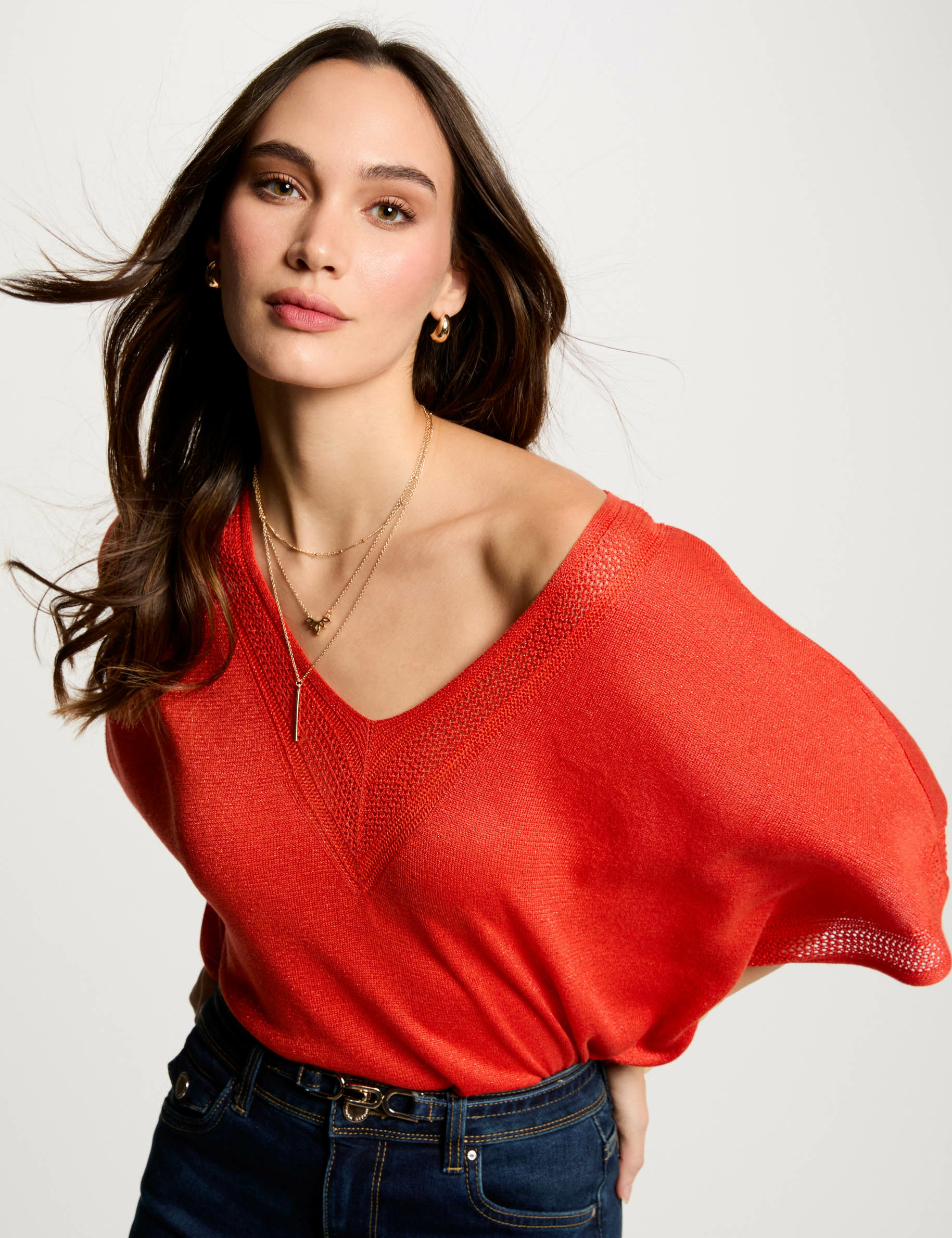 Pull col en V manches courtes orange foncé femme