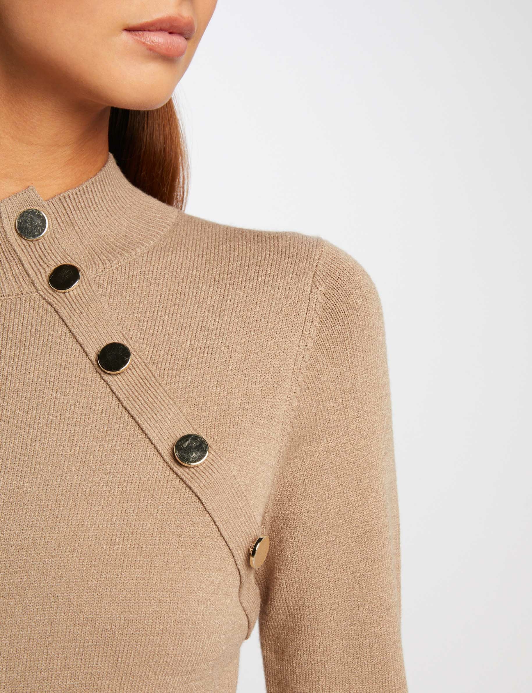 Pull manches longues boutons décoratifs taupe femme