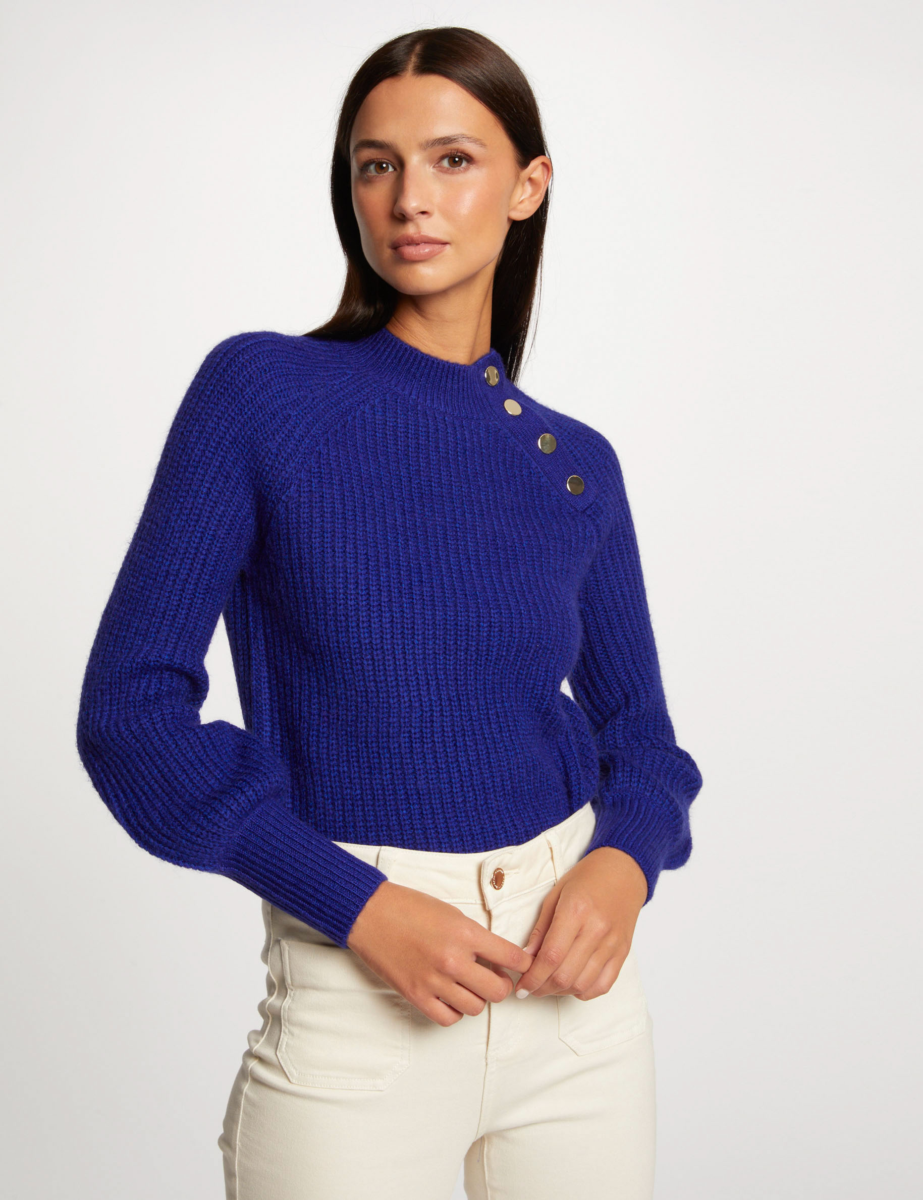 Pull manches longues col montant bleu moyen femme