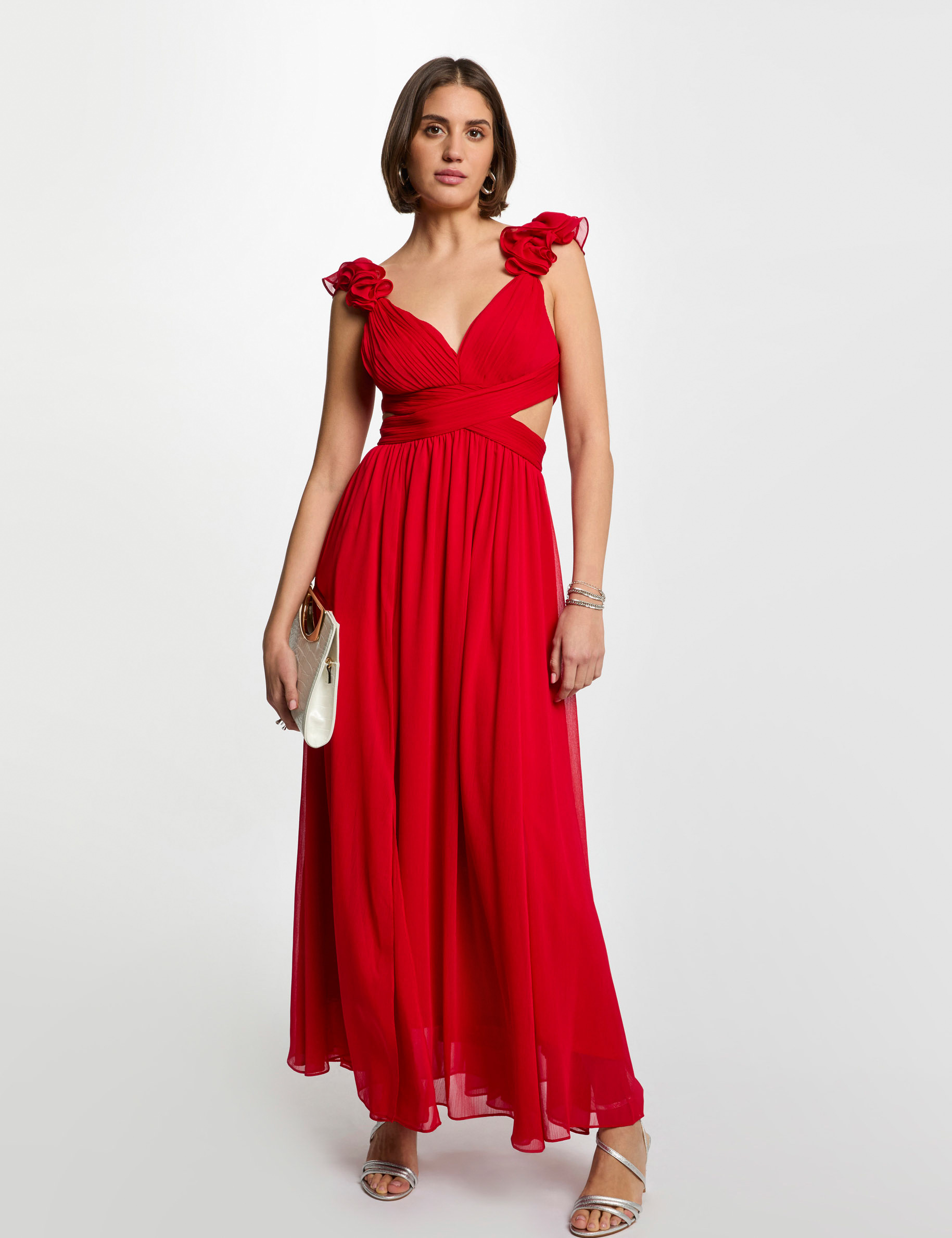 Robe longue droite fluide rouge femme