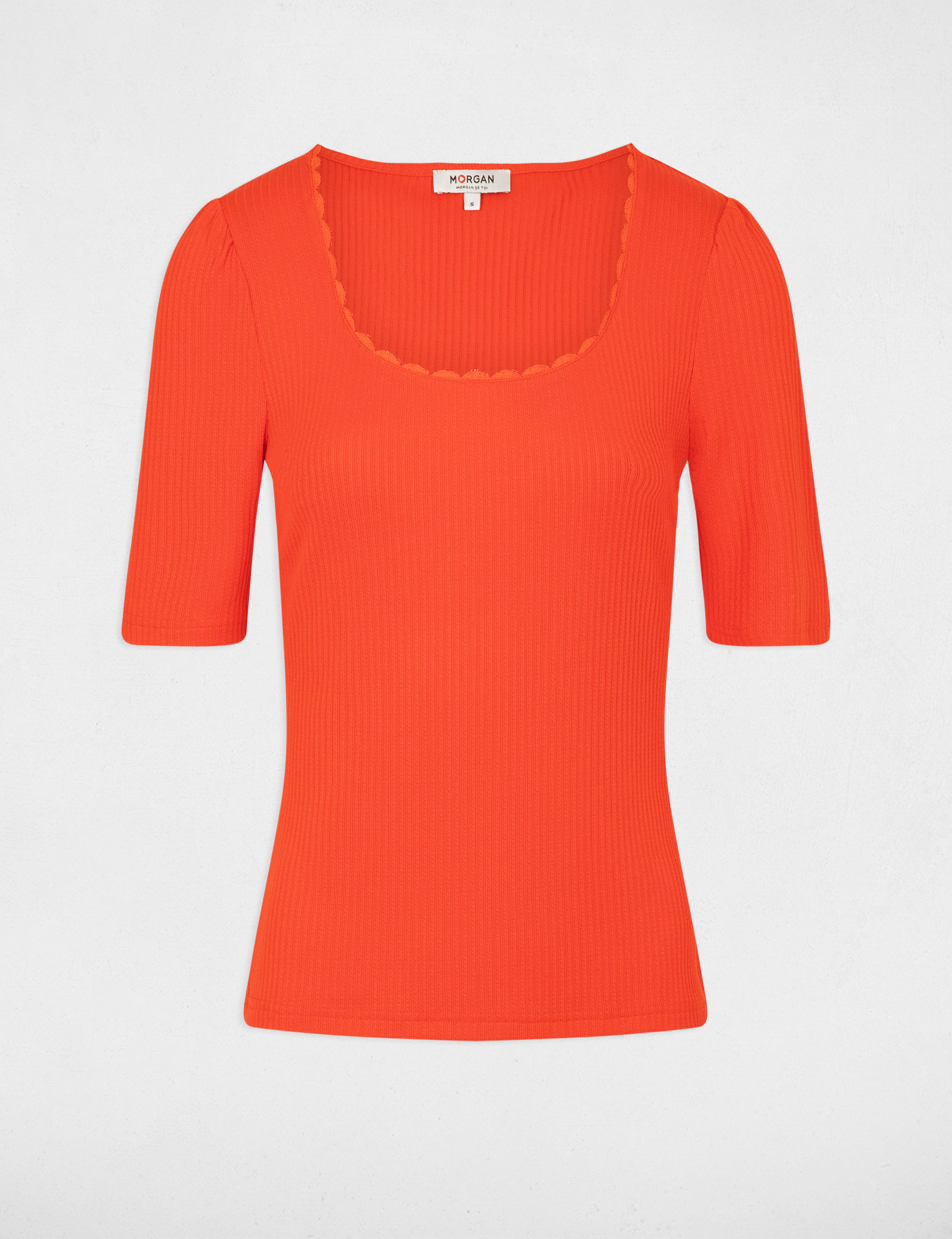 Geripptes Kurzarm-T-Shirt dunkelorange damen