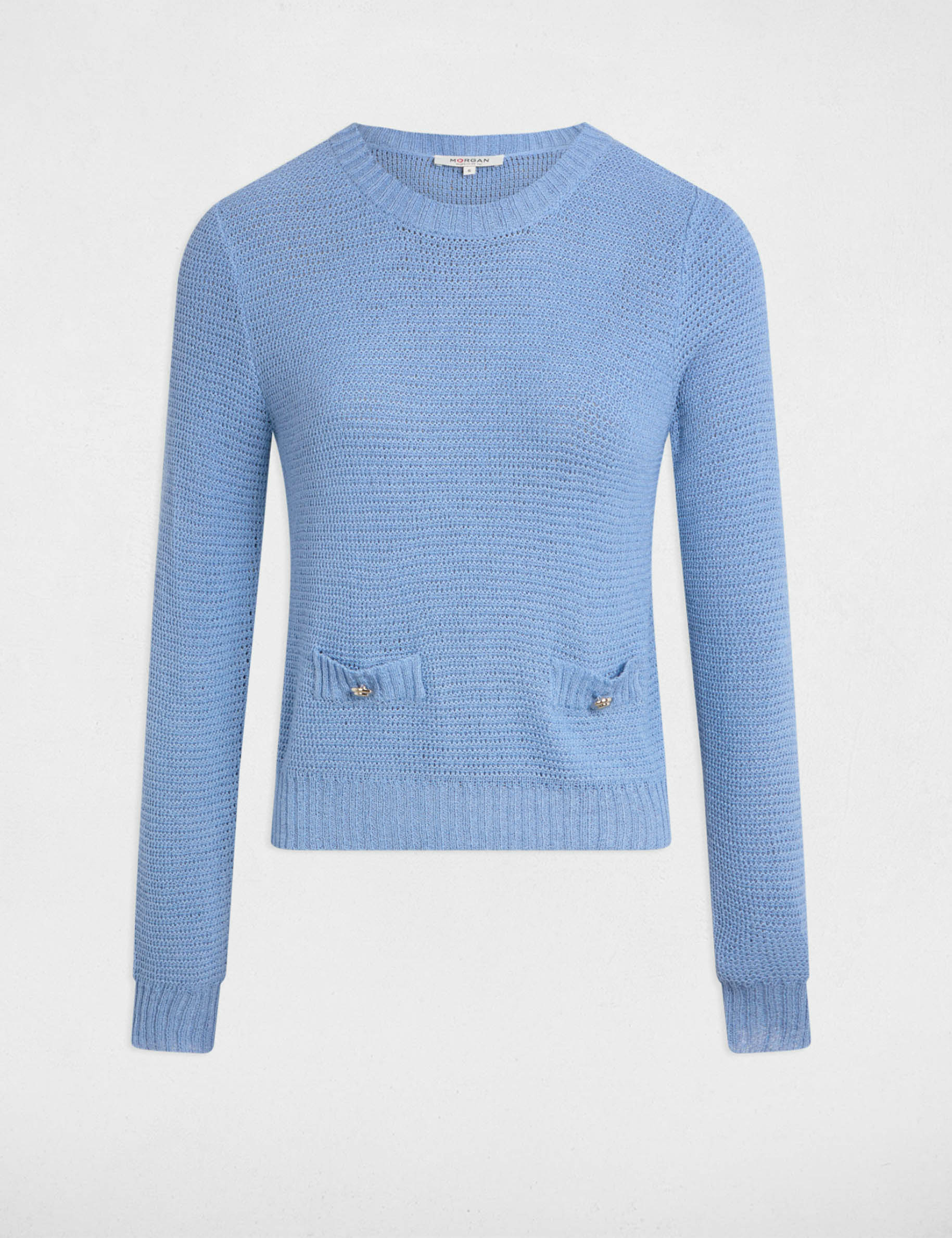 Pull col rond ajouré bleu gris femme