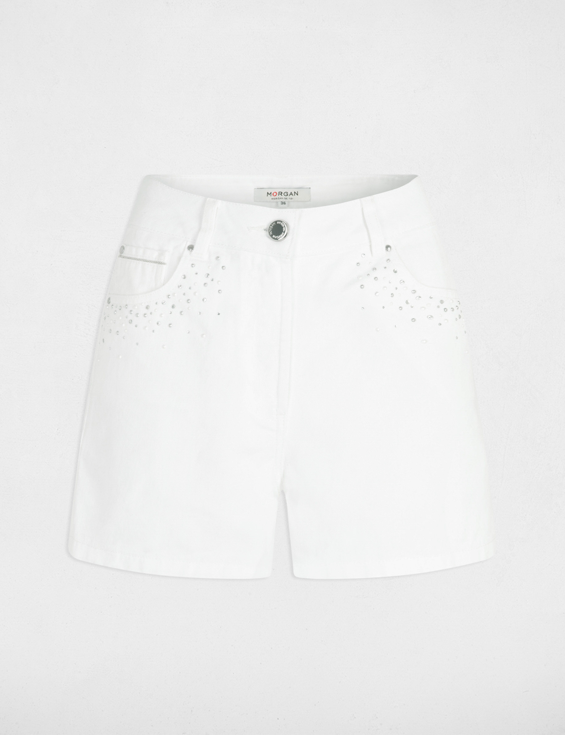 Short droit en jean strass ecru femme