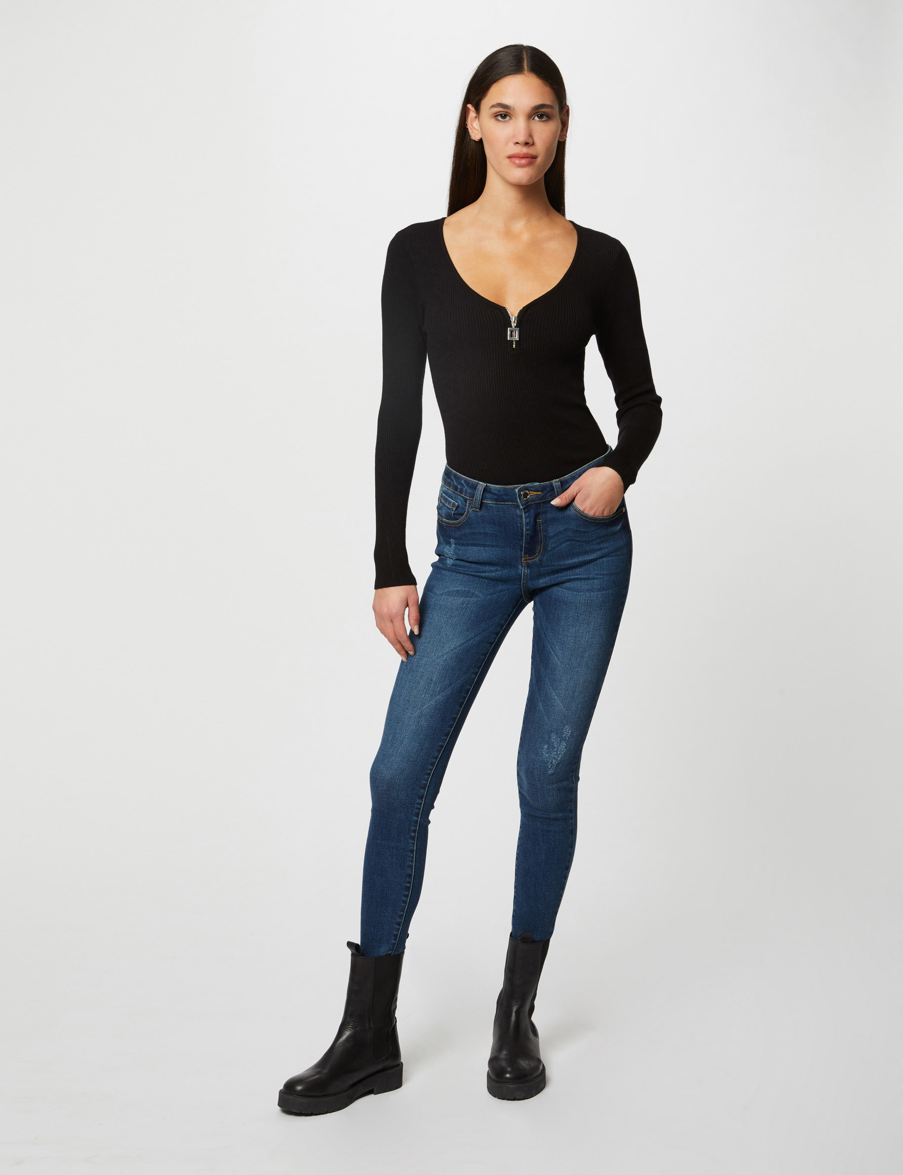 Pull manches longues avec détail zippé noir femme