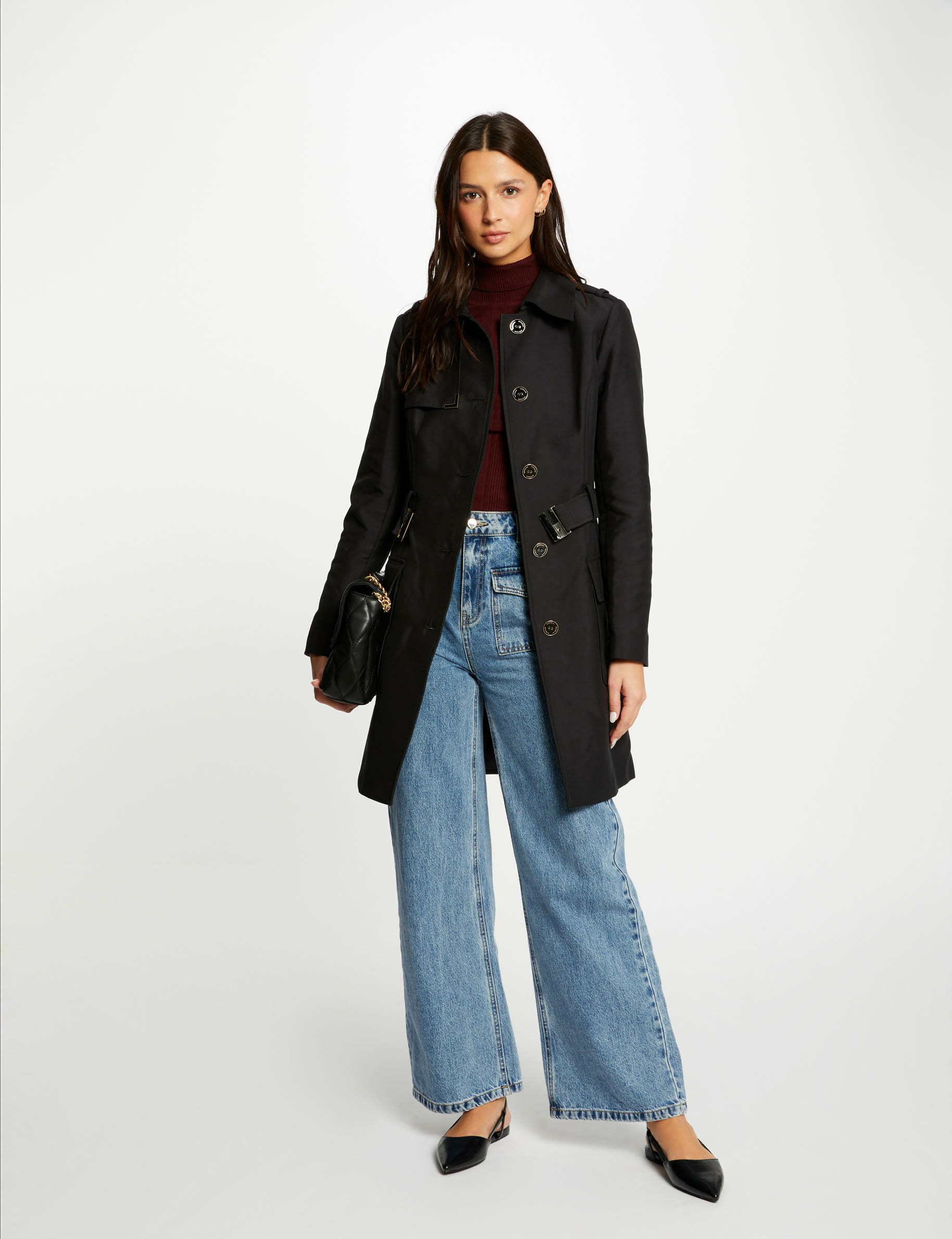 Trench long ceinturé noir femme