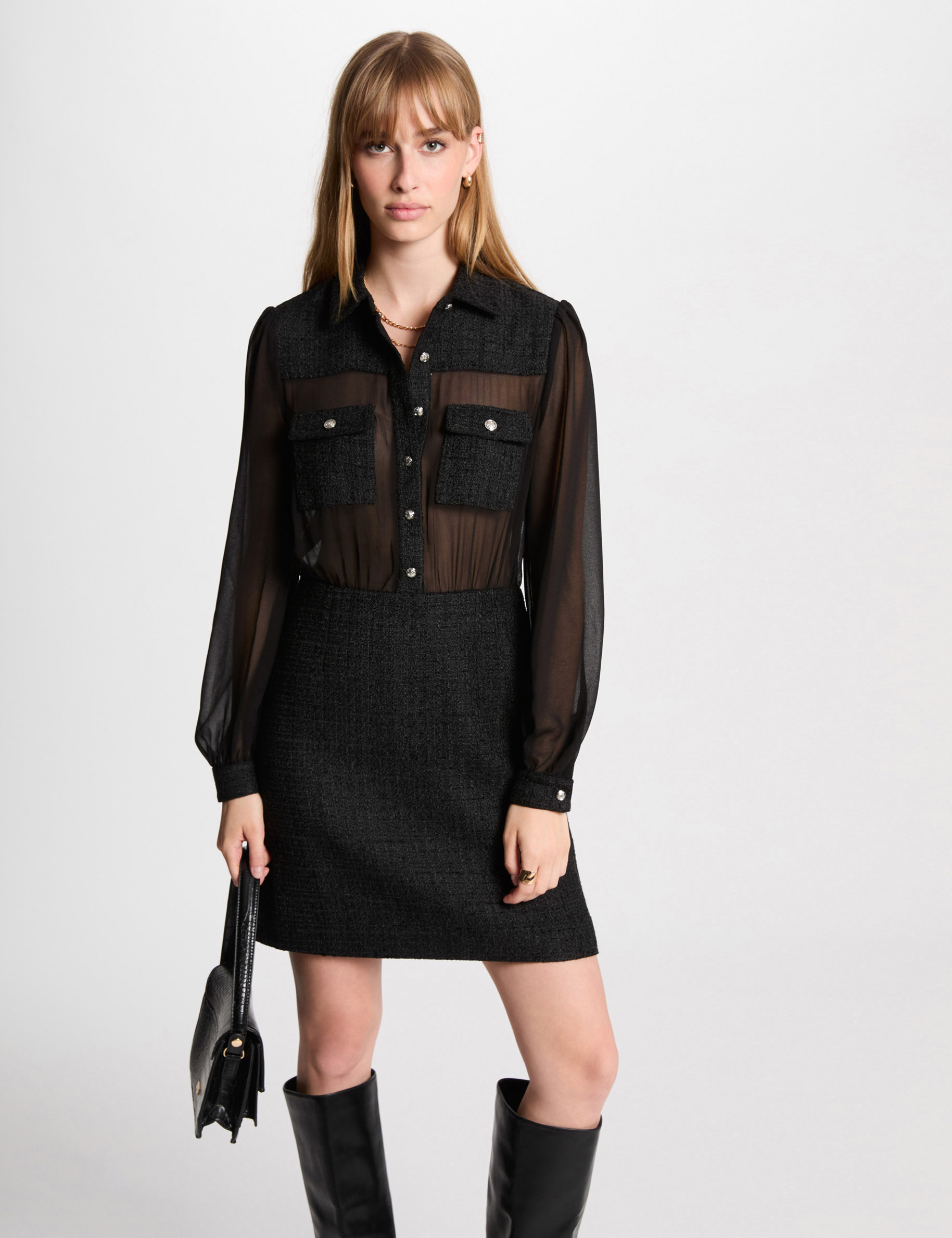 Robe courte ajustée tweed noir femme