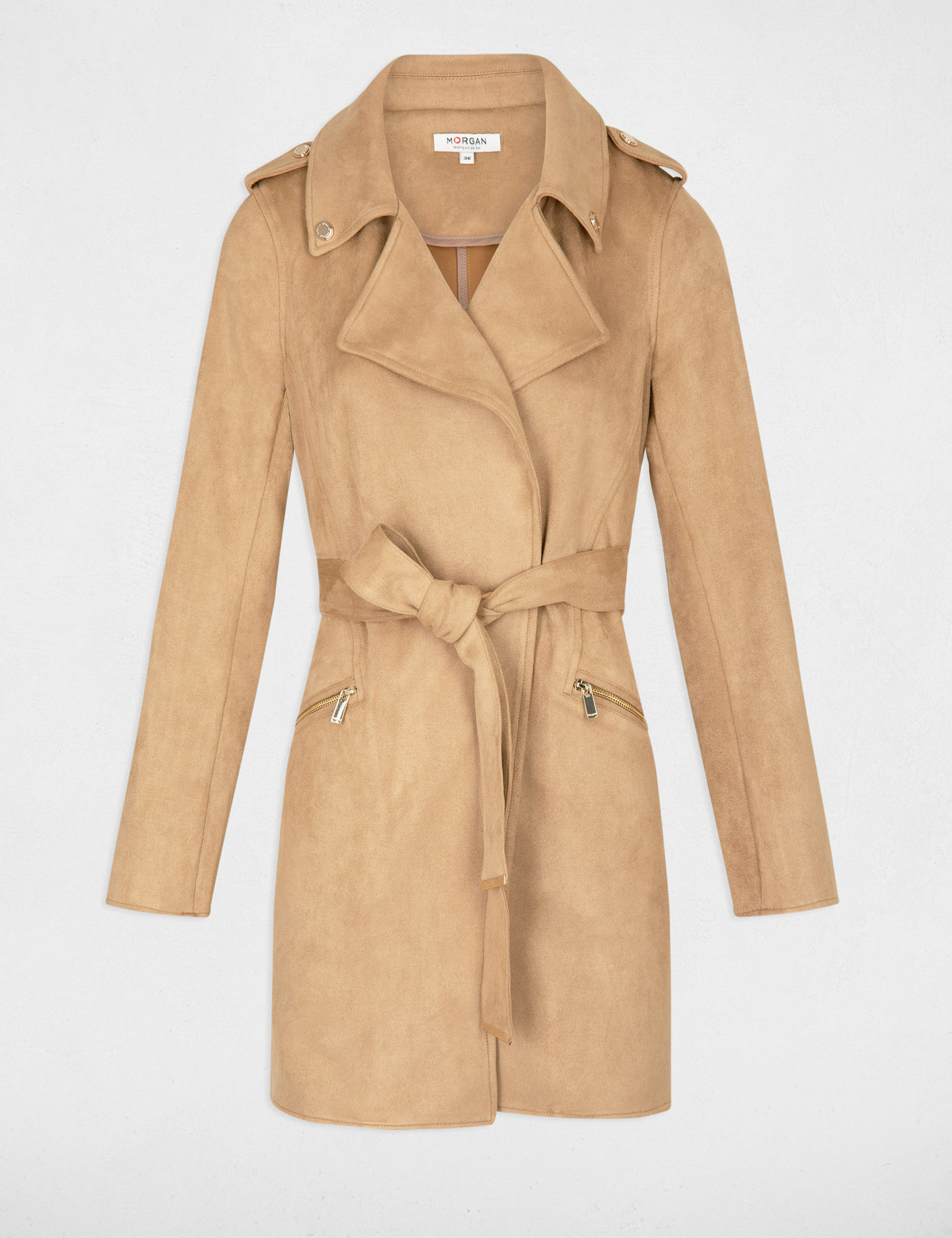 Manteau long ceinturé suédine beige femme