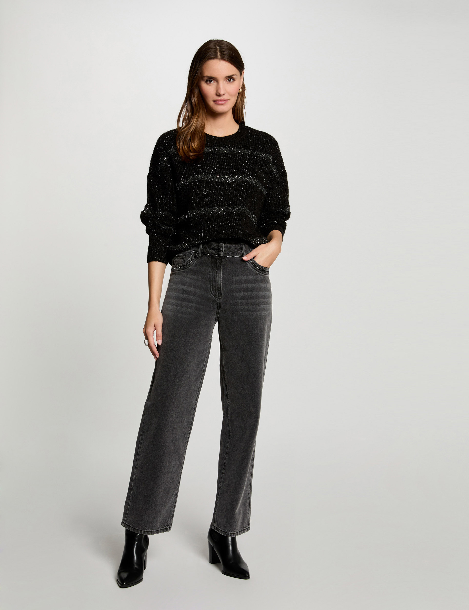 Mom Jeans mit Strass-Details gris clair damen