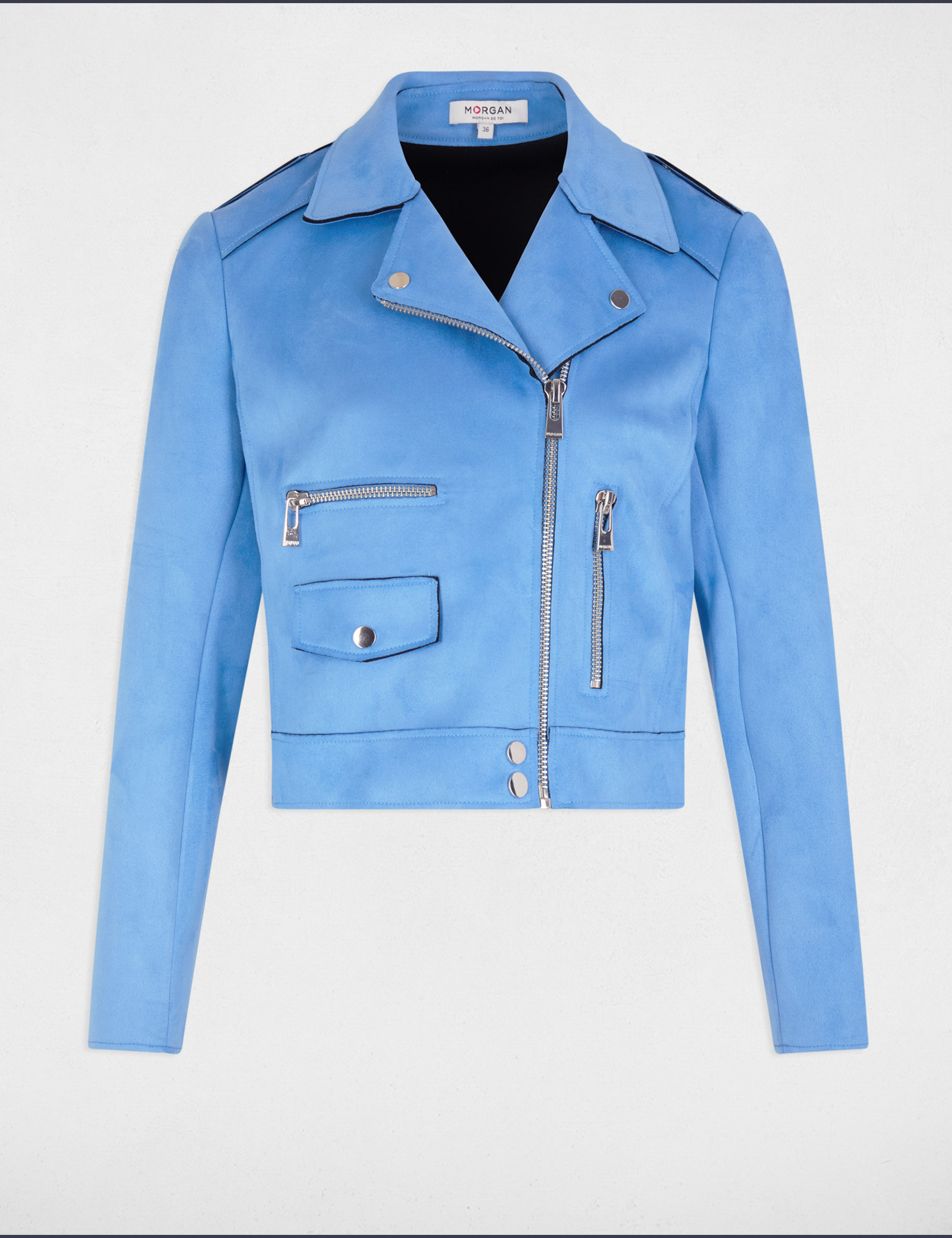 Blouson court zippé suédine bleu femme