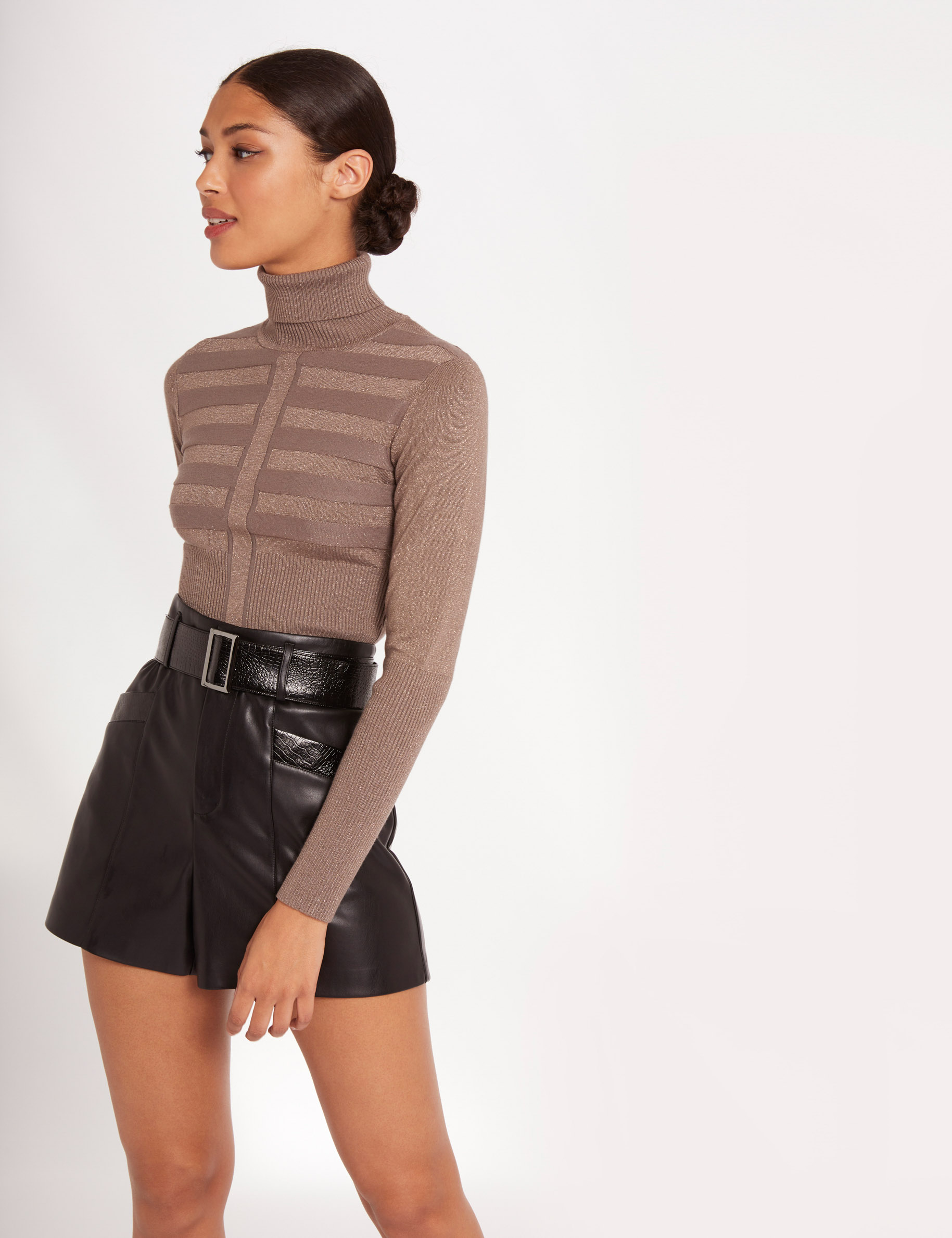 Pull manches longues à col roulé taupe femme