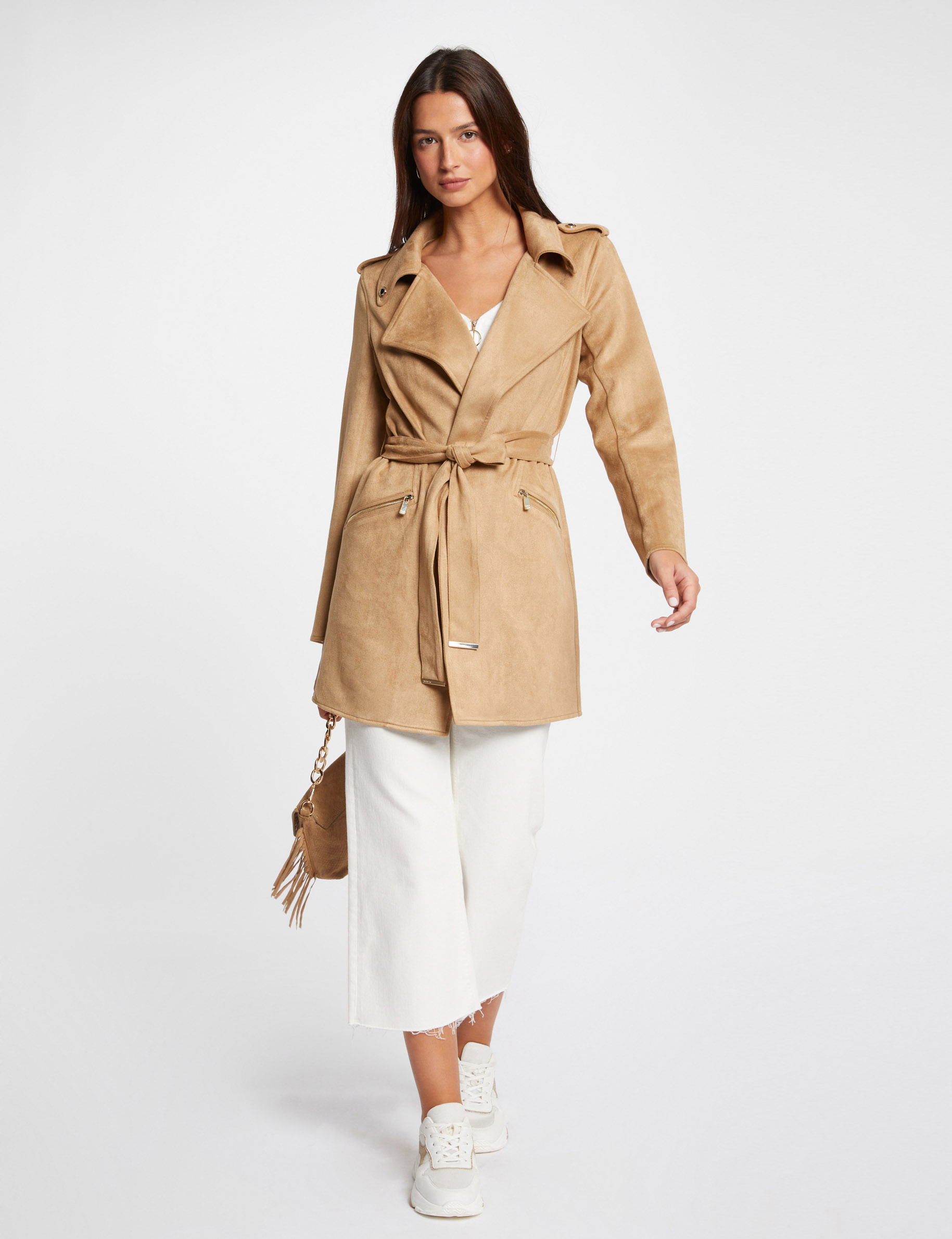 Manteau long ceinture suedine beige femme