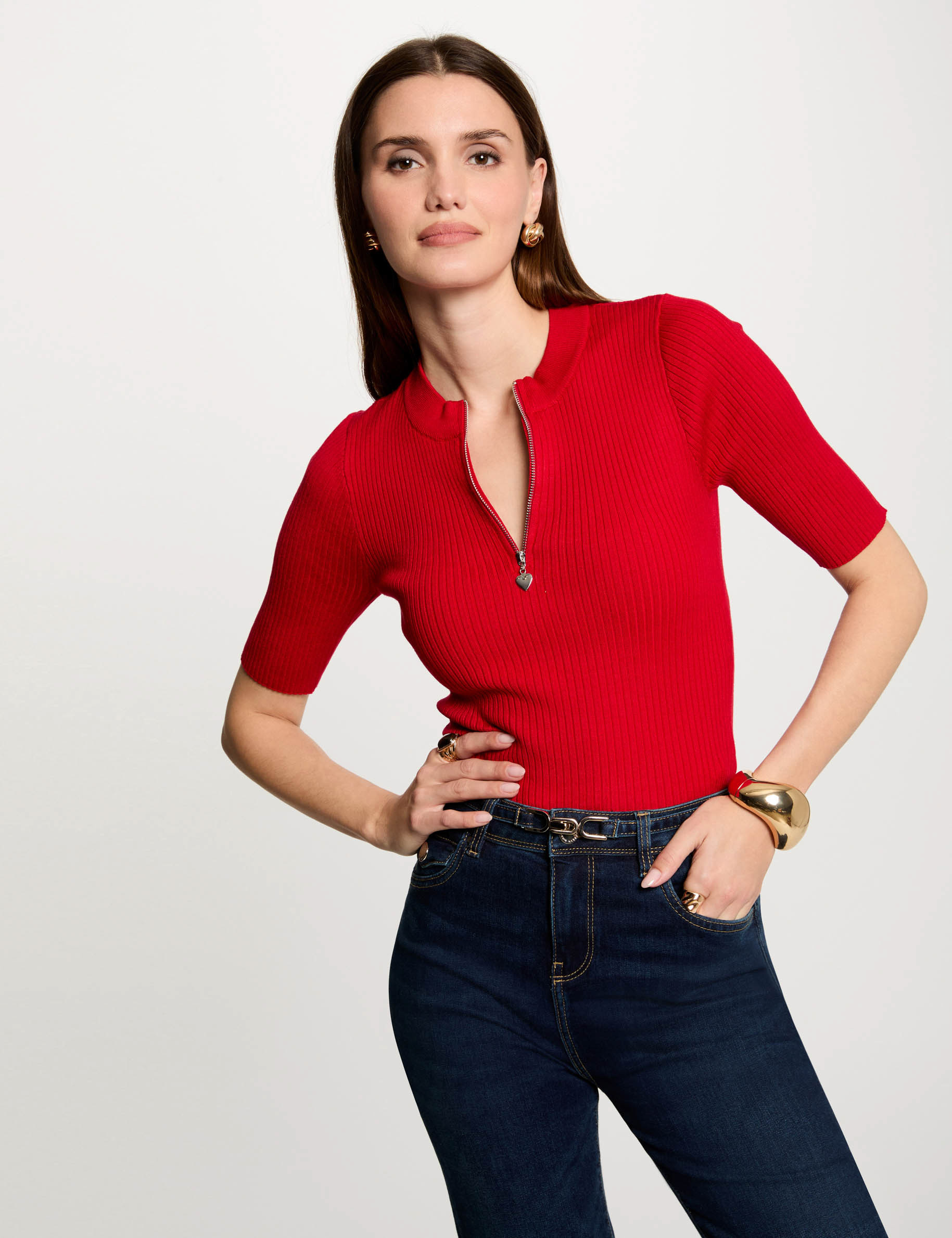 Pull manches courtes côtelé rouge femme