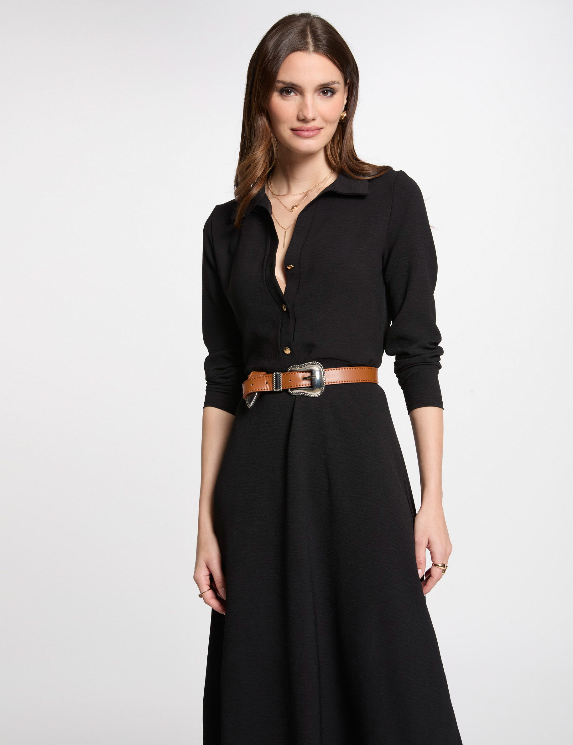 Robe midi droite fluide noir femme