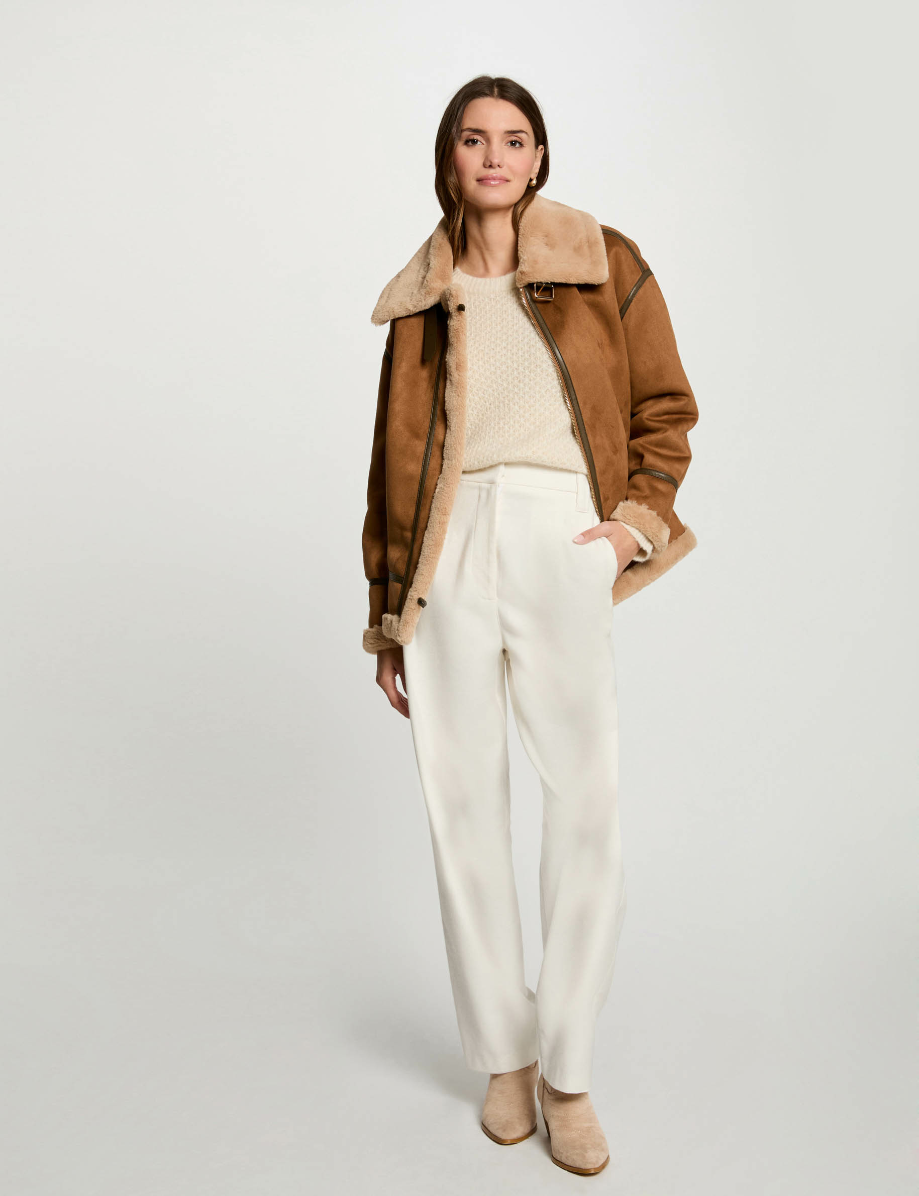 Blouson suédine zippé caramel femme