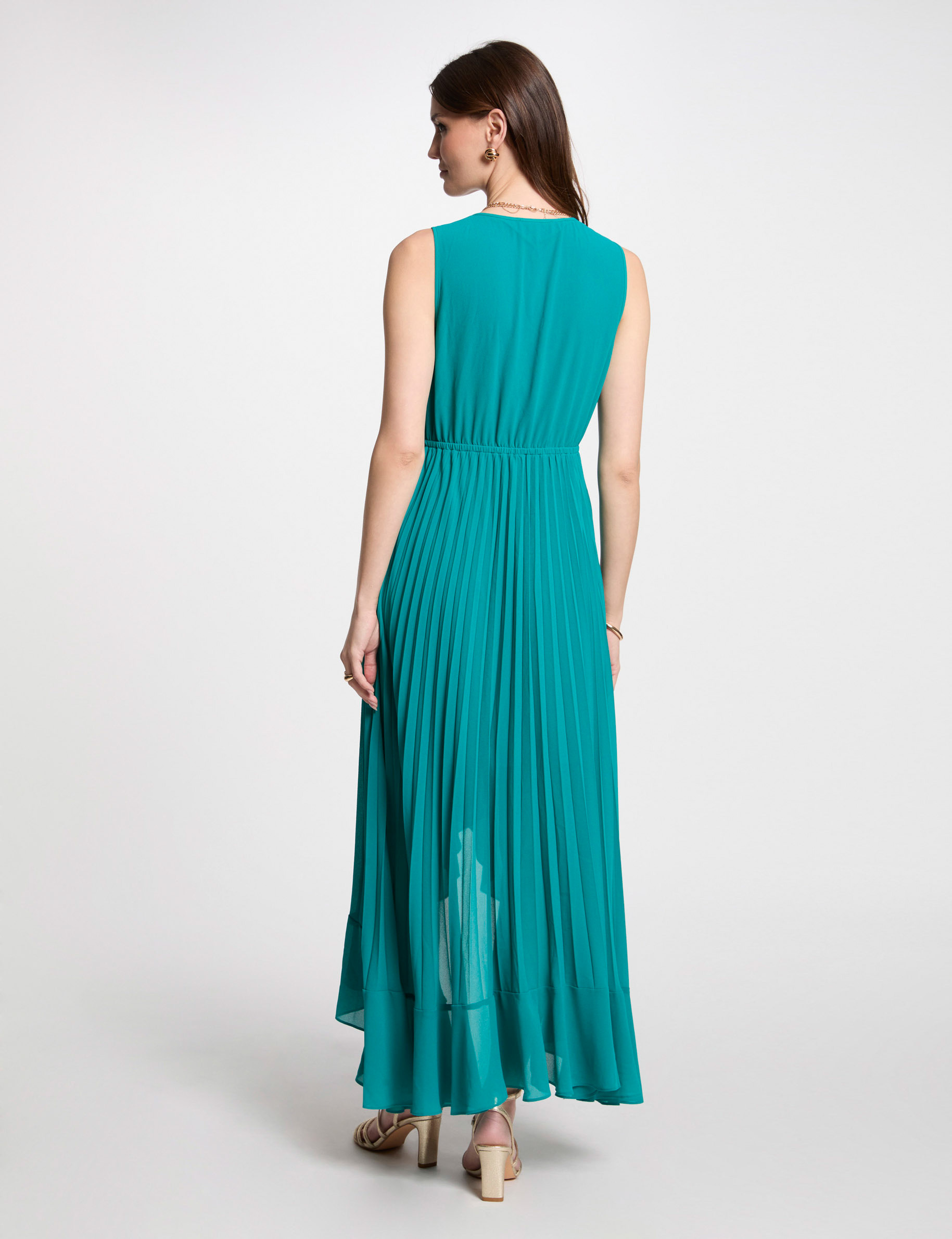 Robe longue fluide plissée bleu turquoise femme