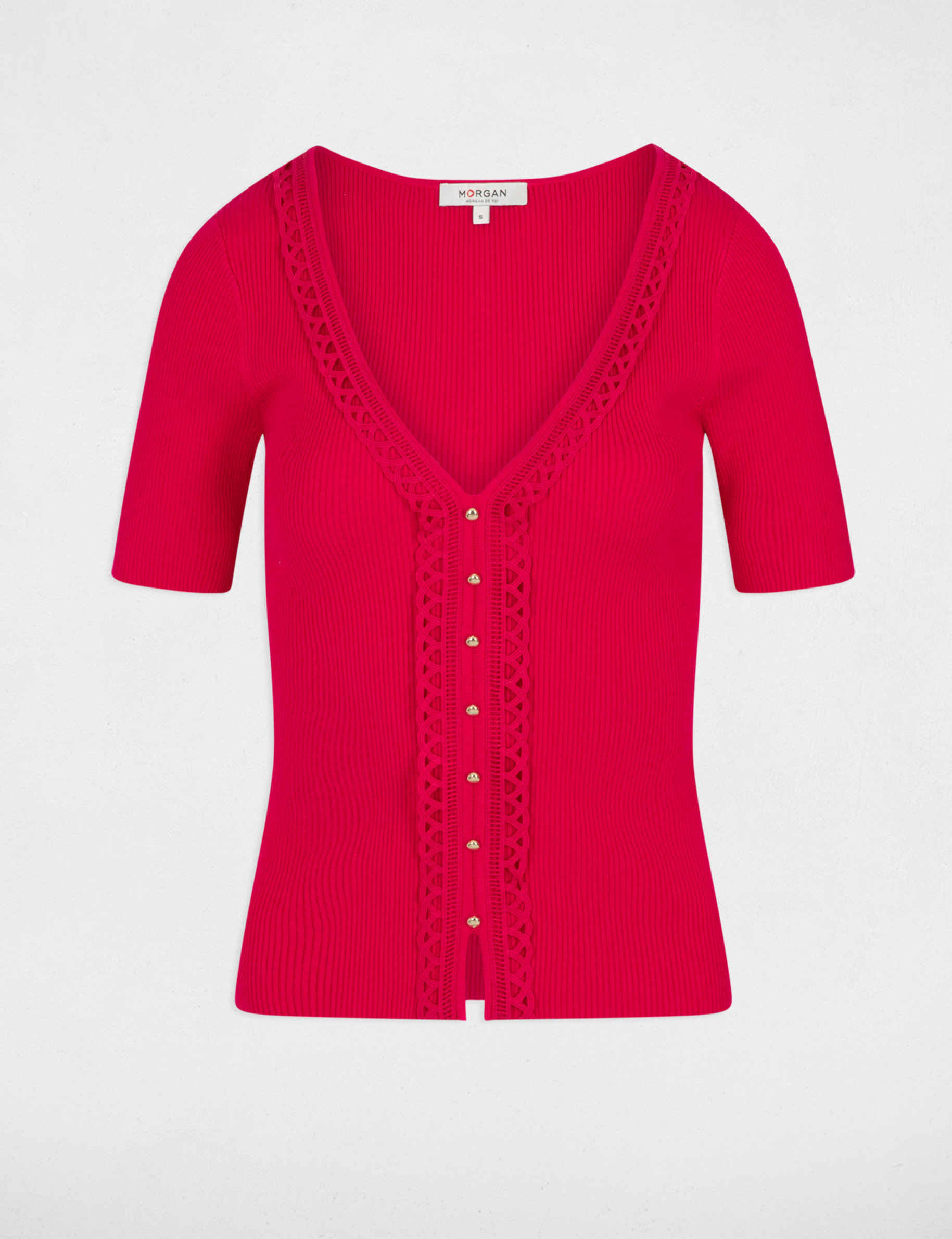 Pull col en V manches courtes framboise femme