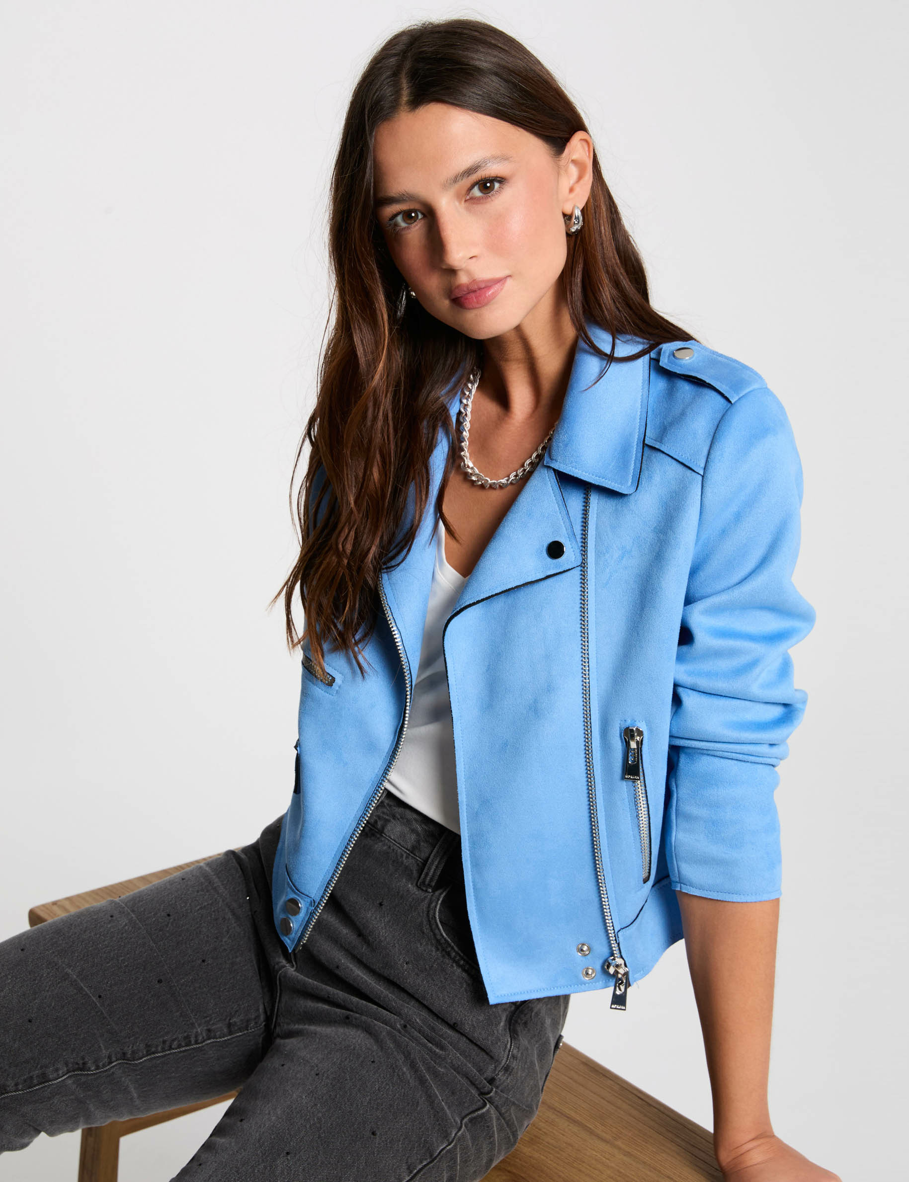 Blouson court zippé suédine bleu femme