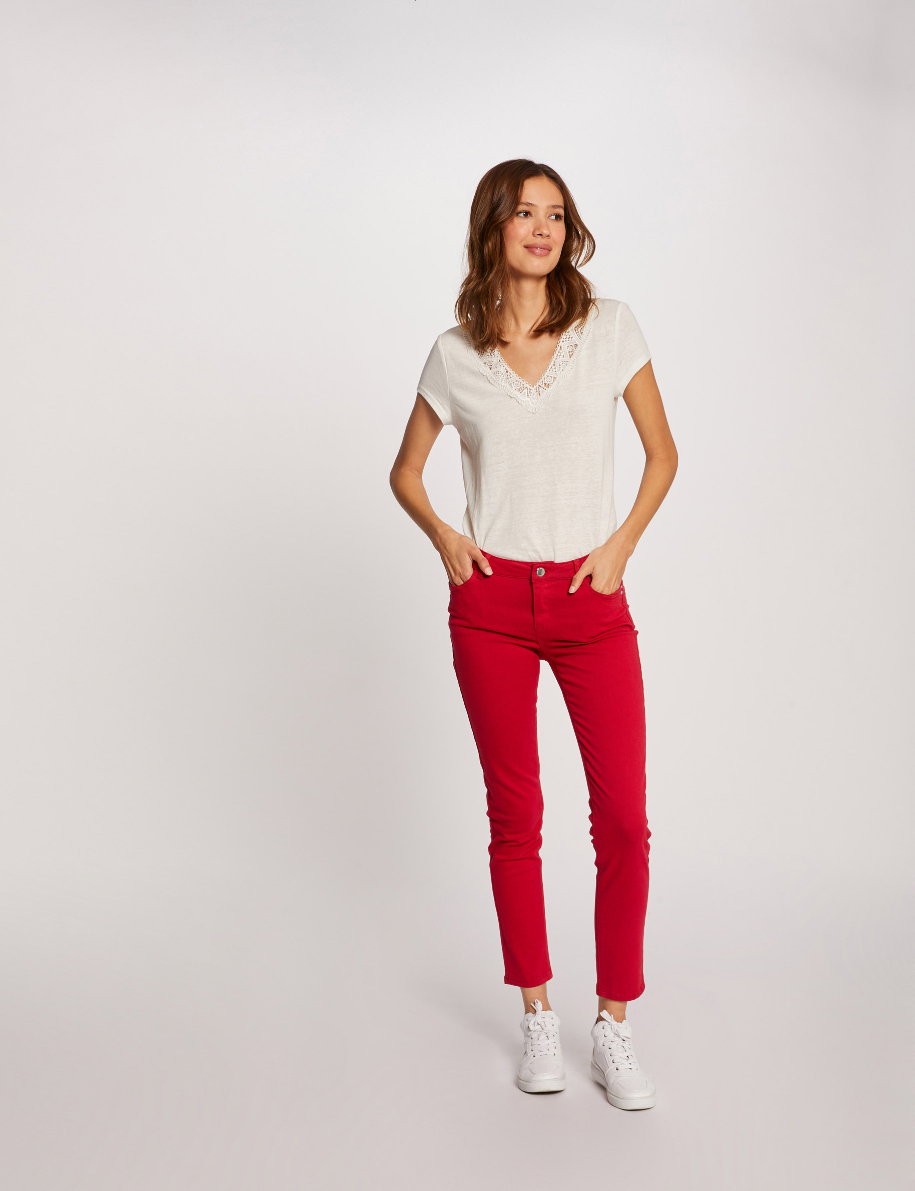 Pantalon skinny taille basse rouge femme