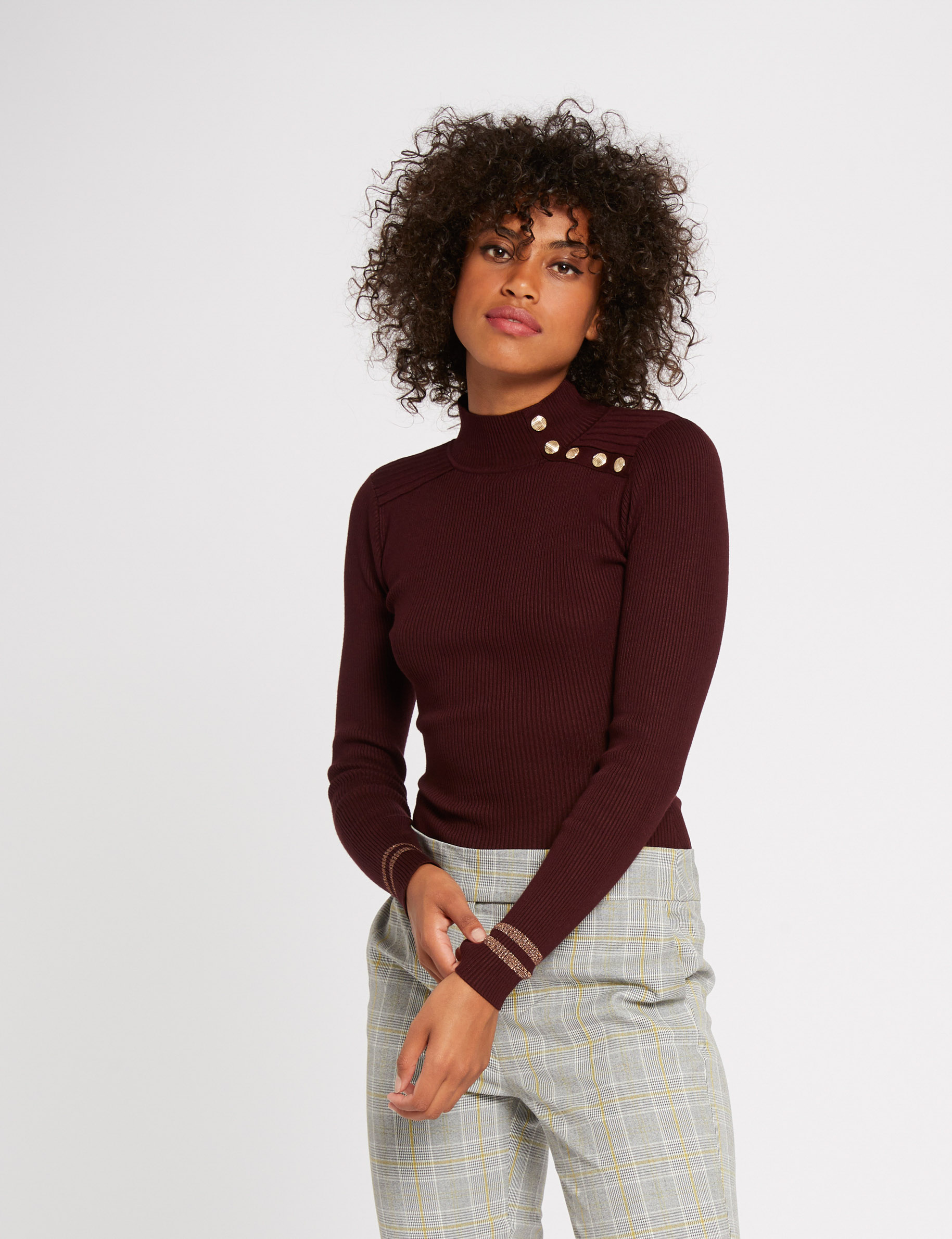 Pull manches longues avec boutons rouge vin femme