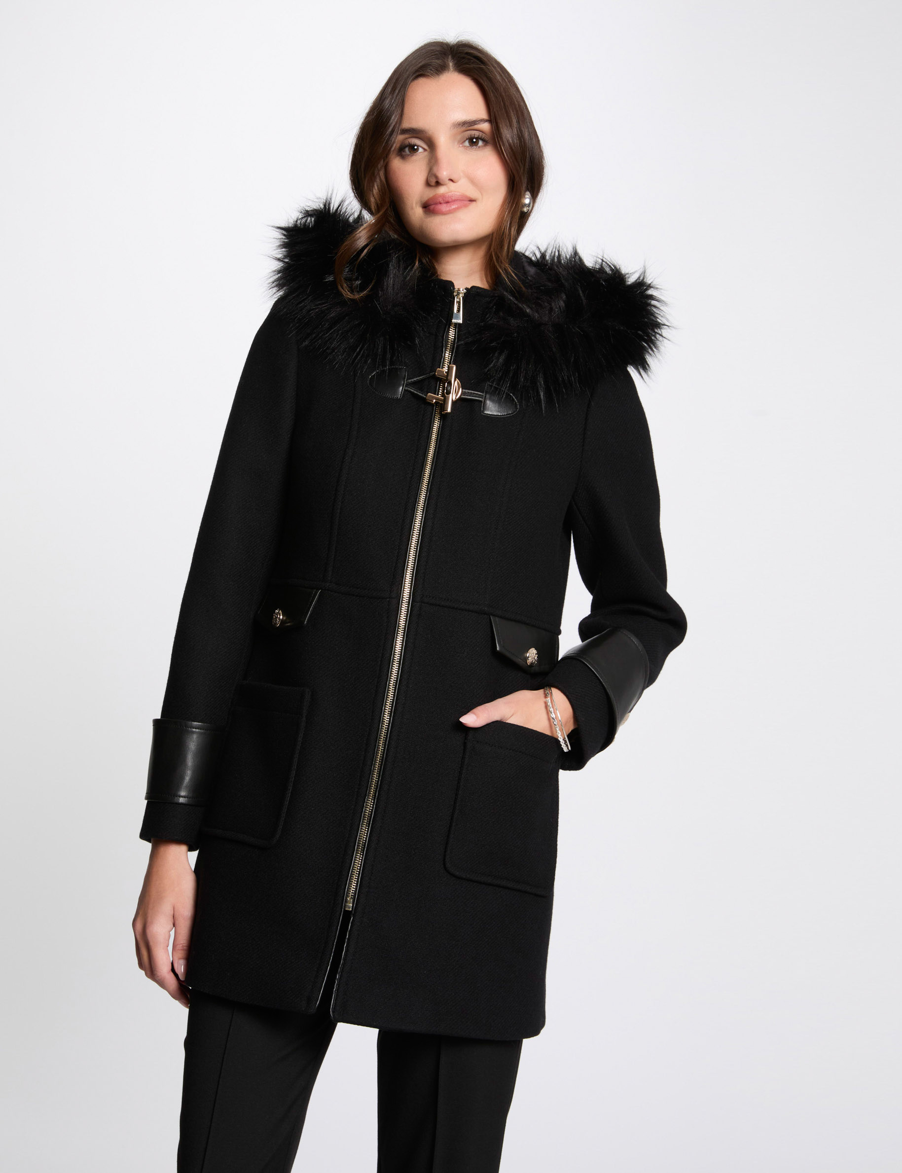 Manteau détails simili cuir noir femme