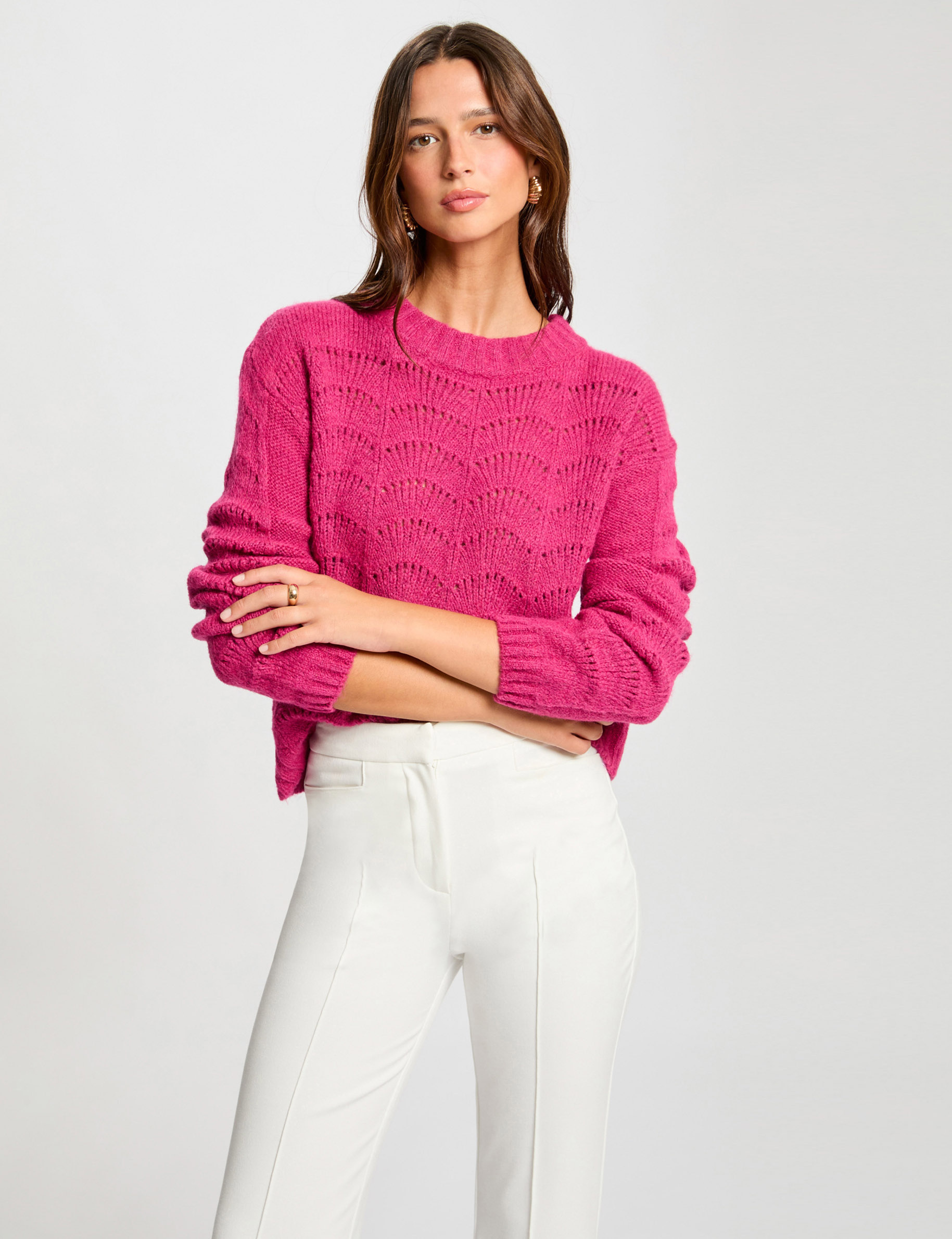 Pull manches longues rose fonce femme