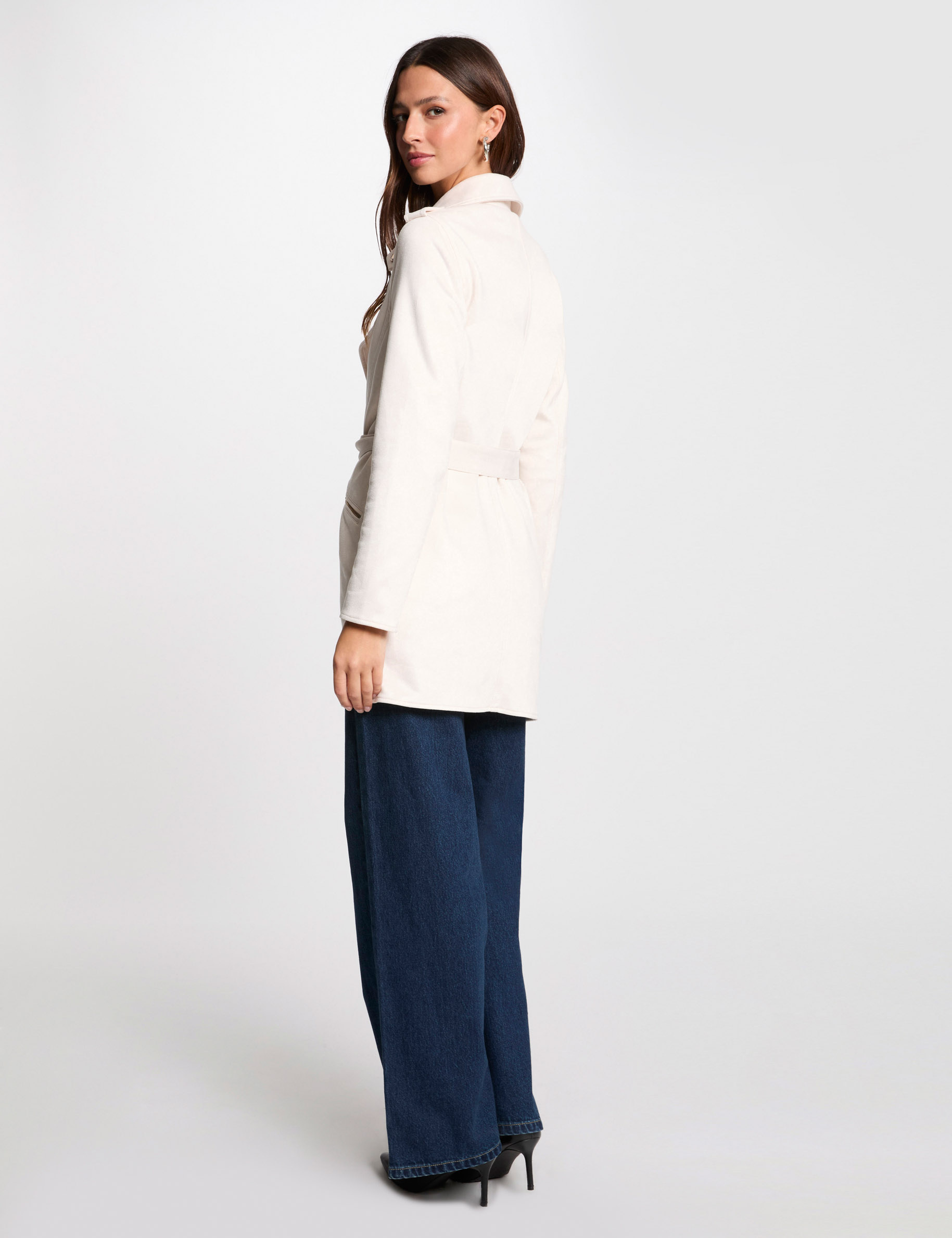 Manteau long ceinturé suédine ivoire femme